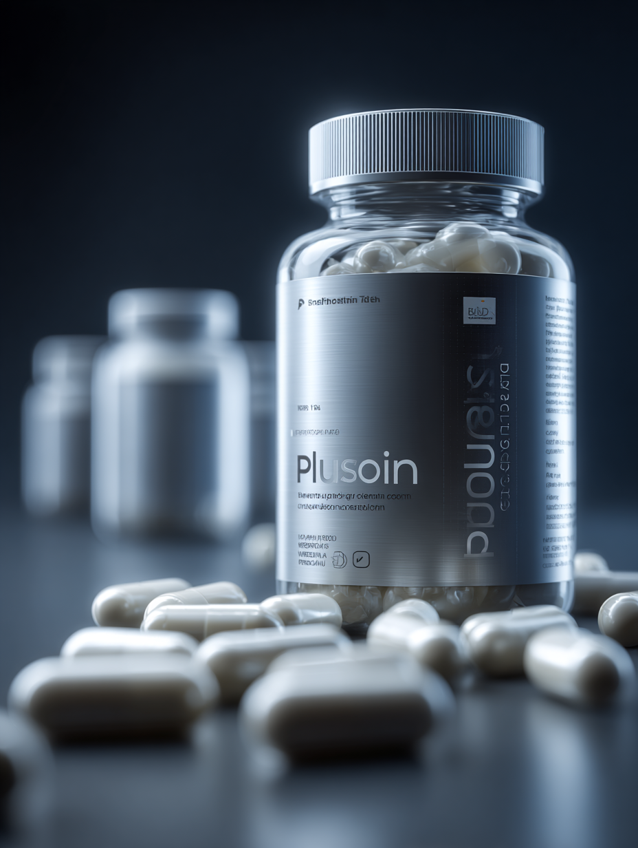 Plusoin kapszulák doboza neutrális háttéren, természetes összetevőkkel a vérkeringés javítására